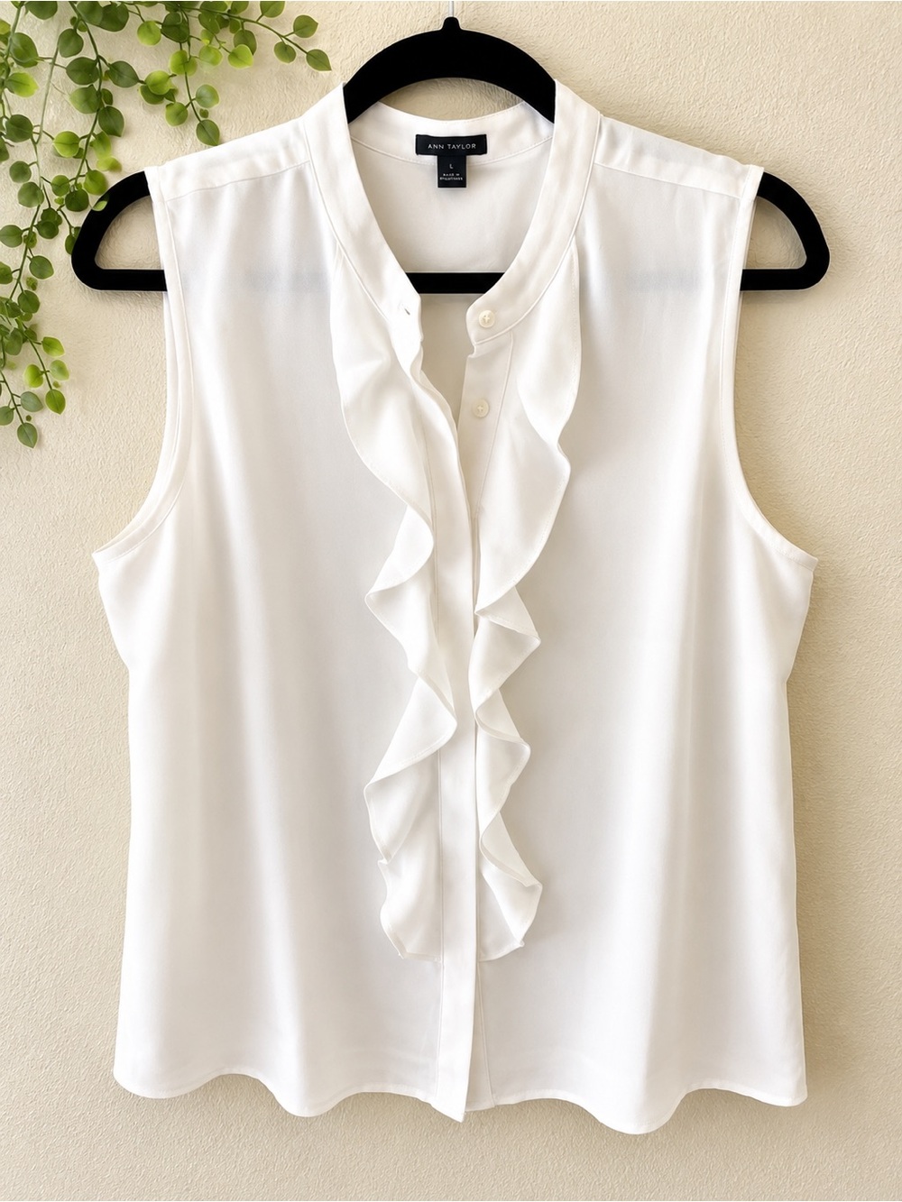 Ann Taylor White Sleeveless Ruffle-Front Blouse